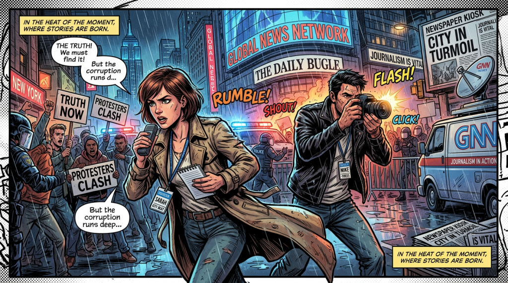 Comic-style newsroom scene with reporters, protesters, police, newspaper kiosk, and GNN van; visible text includes “IN THE HEAT OF THE MOMENT, WHERE STORIES ARE BORN,” “THE TRUTH We must find it!,” “But the corruption runs deep...,” “TRUTH NOW,” “PROTESTERS CLASH,” “GLOBAL NEWS NETWORK,” “THE DAILY BUGLE,” “JOURNALISM IS VITAL,” “RUMBLE!,” “SHOUT!,” “FLASH!,” “CLICK!,” “CITY IN TURMOIL,” “GNN,” and “JOURNALISM IN ACTION.”