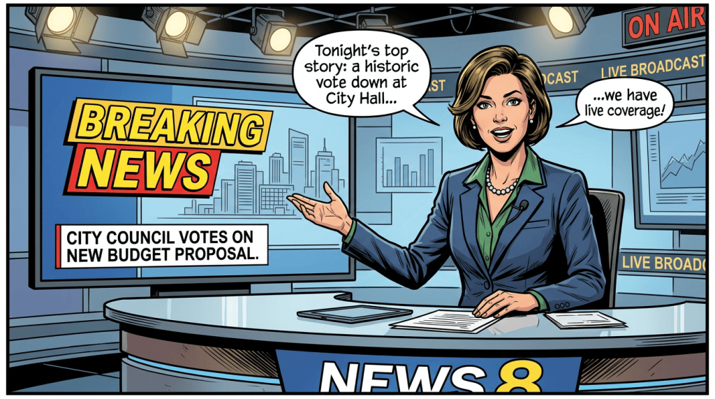 Breaking News; City Council Votes on New Budget Proposal; anchor says historic City Hall vote and live coverage; On Air; Live Broadcast; News 8