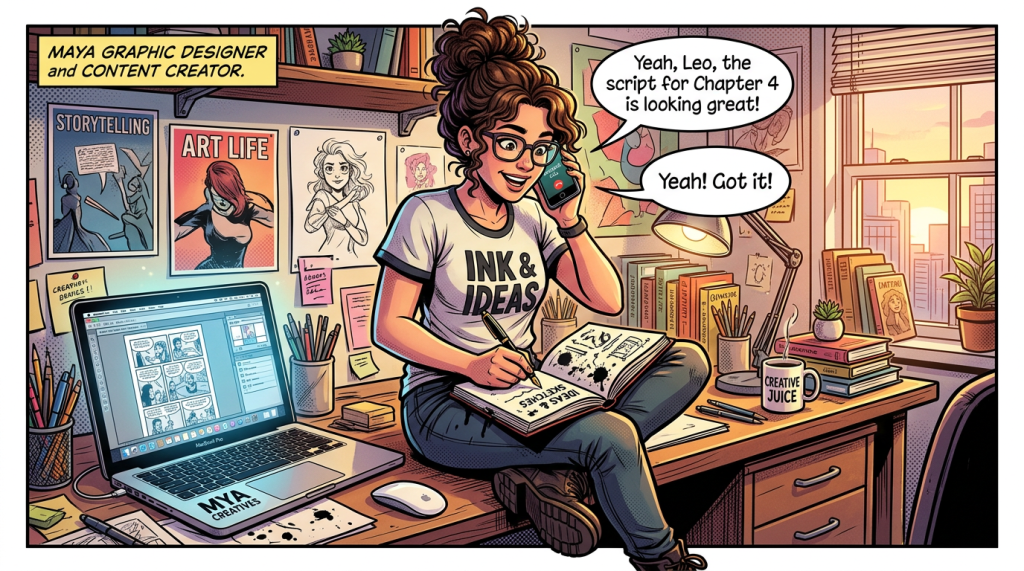 Maya graphic designer and content creator working on comics; speech bubbles say, “Yeah, Leo, the script for Chapter 4 is looking great!” and “Yeah! Got it!”