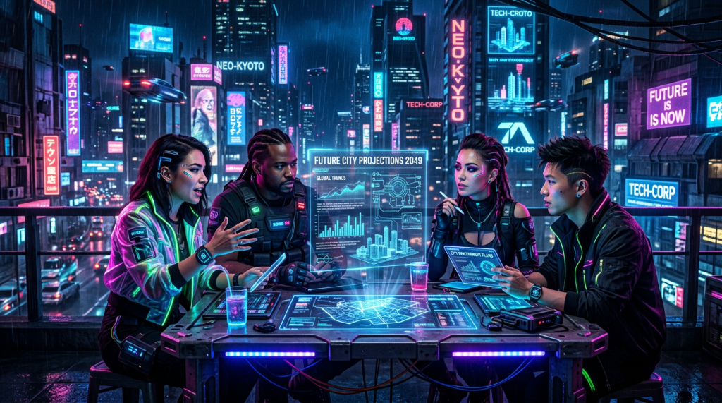 Four people reviewing holographic city projections in a neon futuristic city