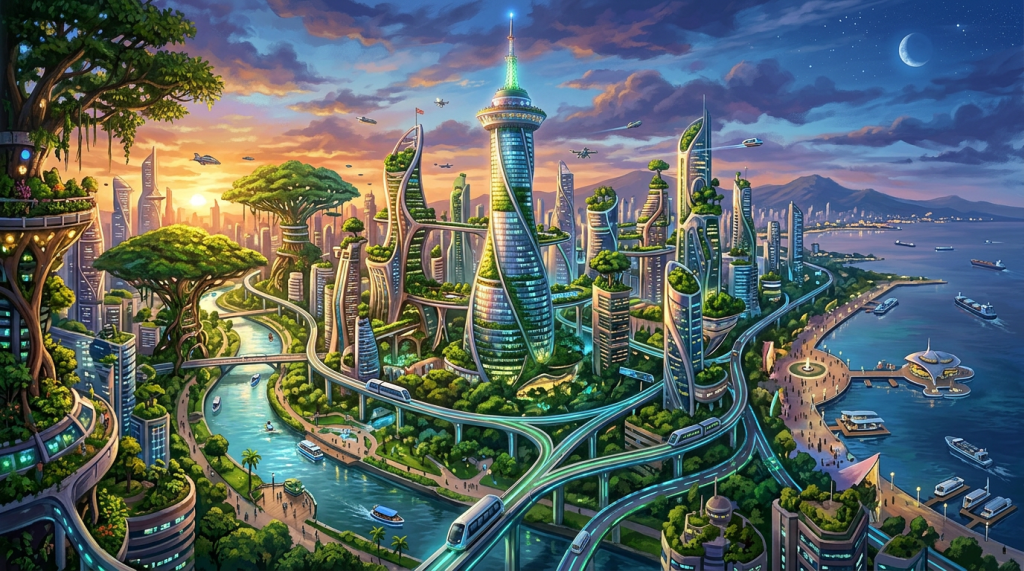 Futuristic green city with elevated transit beside a bay at sunset